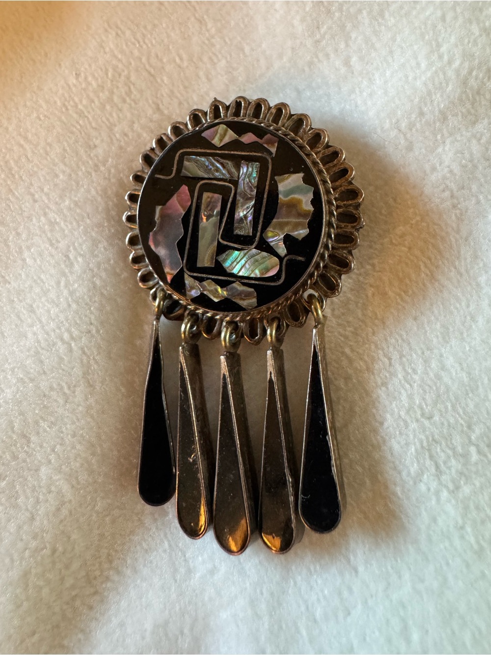 Sterling Silver Black Abalone Inlay Dangle Brooch